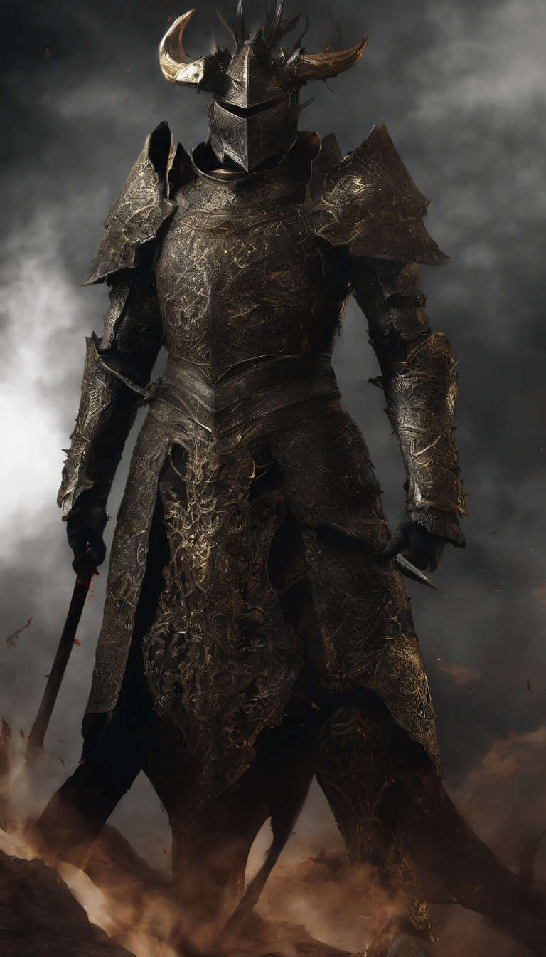 warrior, concept-art,  Fantasy art, battleground background, clean render, a horned, Wear a suit of armor, Detailed bushido form smoke, helmet of a forgotten deity, character is standing, 8k Realistic, in game render, detailed face background detail, Art station front page, taur, Pseudo-medieval fantasy, A deity wearing koi armor, detailed bronze armor, Bronze armor, golden etched armor, gold obsidian armor, Light gold armor, Gorgeous filigree armor, A demonic warrior, Gorgeous armor full of thorns, Intricate assasin armor, Intricate metal armor, powerful warrior, Dressed in gorgeous gold armor，Decorated with intricate patterns, The helmet has a large crown and two horns,Glowing red eyes， Everything is in the dark, The smoky background hints at the battle scene, Add an ominous aura to his character，submission, Full body shot.