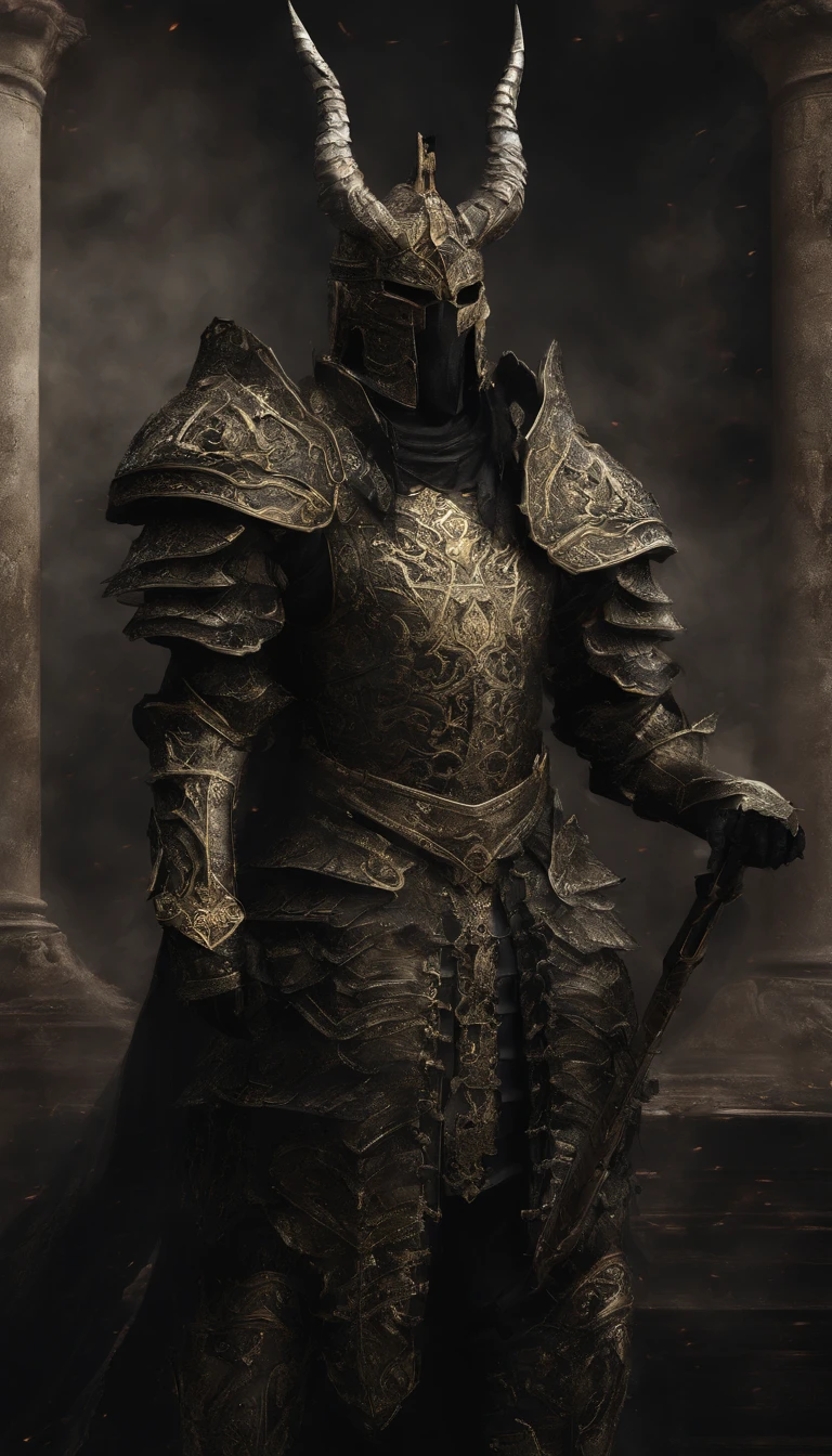 warrior, concept-art, Fantasy art, battleground background, clean render, a horned, Wear a suit of armor, Detailed bushido form smoke, helmet of a forgotten deity, character is standing, 8k Realistic, in game render, detailed face background detail, Art station front page, taur, Pseudo-medieval fantasy, A deity wearing koi armor, detailed bronze armor, Bronze armor, golden etched armor, gold obsidian armor, Light gold armor, Gorgeous filigree armor, A demonic warrior, Gorgeous armor full of thorns, Intricate assasin armor, Intricate metal armor, powerful warrior, Dressed in gorgeous gold armor,Decorated with intricate patterns, The helmet has a large crown and two horns,Glowing red eyes, Everything is in the dark, The smoky background hints at the battle scene, Add an ominous aura to his character,submission, Full body shot.