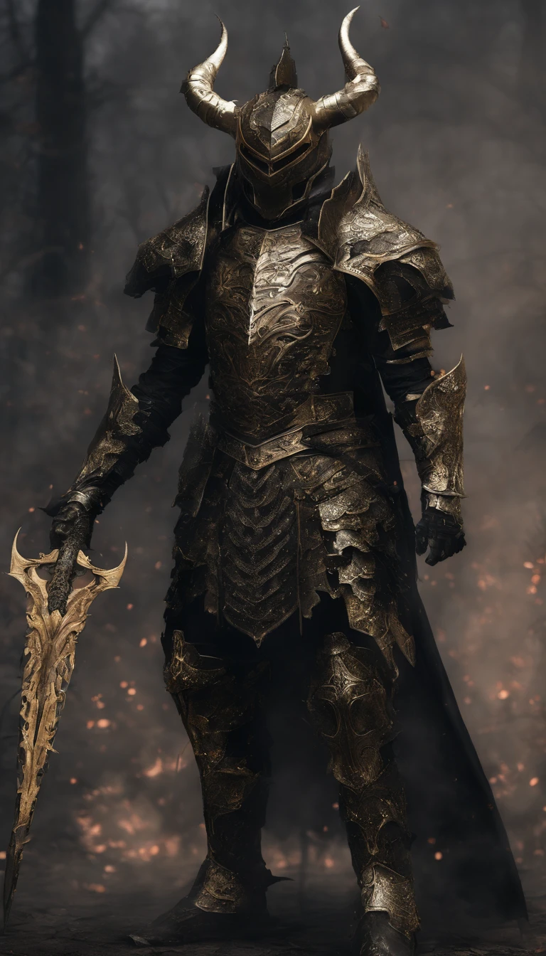 warrior, concept-art, Fantasy art, battleground background, clean render, a horned, Wear a suit of armor, Detailed bushido form smoke, helmet of a forgotten deity, character is standing, 8k Realistic, in game render, detailed face background detail, Art station front page, taur, Pseudo-medieval fantasy, A deity wearing koi armor, detailed bronze armor, Bronze armor, golden etched armor, gold obsidian armor, Light gold armor, Gorgeous filigree armor, A demonic warrior, Gorgeous armor full of thorns, Intricate assasin armor, Intricate metal armor, powerful warrior, Dressed in gorgeous gold armor,Decorated with intricate patterns, The helmet has a large crown and two horns,Glowing red eyes, Everything is in the dark, The smoky background hints at the battle scene, Add an ominous aura to his character,submission, Full body shot.