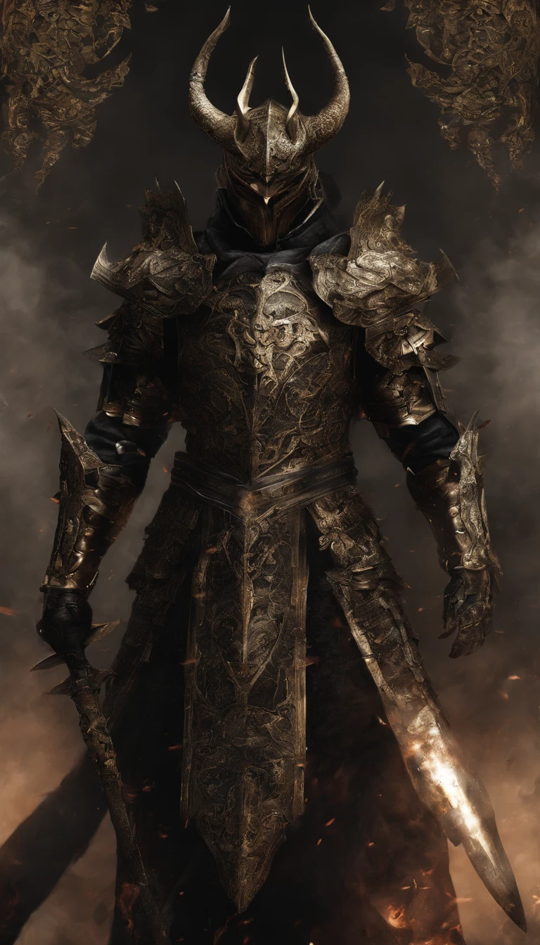 warrior, concept-art, Fantasy art, battleground background, clean render, a horned, Wear a suit of armor, Detailed bushido form smoke, helmet of a forgotten deity, character is standing, 8k Realistic, in game render, detailed face background detail, Art station front page, taur, Pseudo-medieval fantasy, A deity wearing koi armor, detailed bronze armor, Bronze armor, golden etched armor, gold obsidian armor, Light gold armor, Gorgeous filigree armor, A demonic warrior, Gorgeous armor full of thorns, Intricate assasin armor, Intricate metal armor, powerful warrior, Dressed in gorgeous gold armor,Decorated with intricate patterns, The helmet has a large crown and two horns,Glowing red eyes, Everything is in the dark, The smoky background hints at the battle scene, Add an ominous aura to his character,submission, Full body shot.