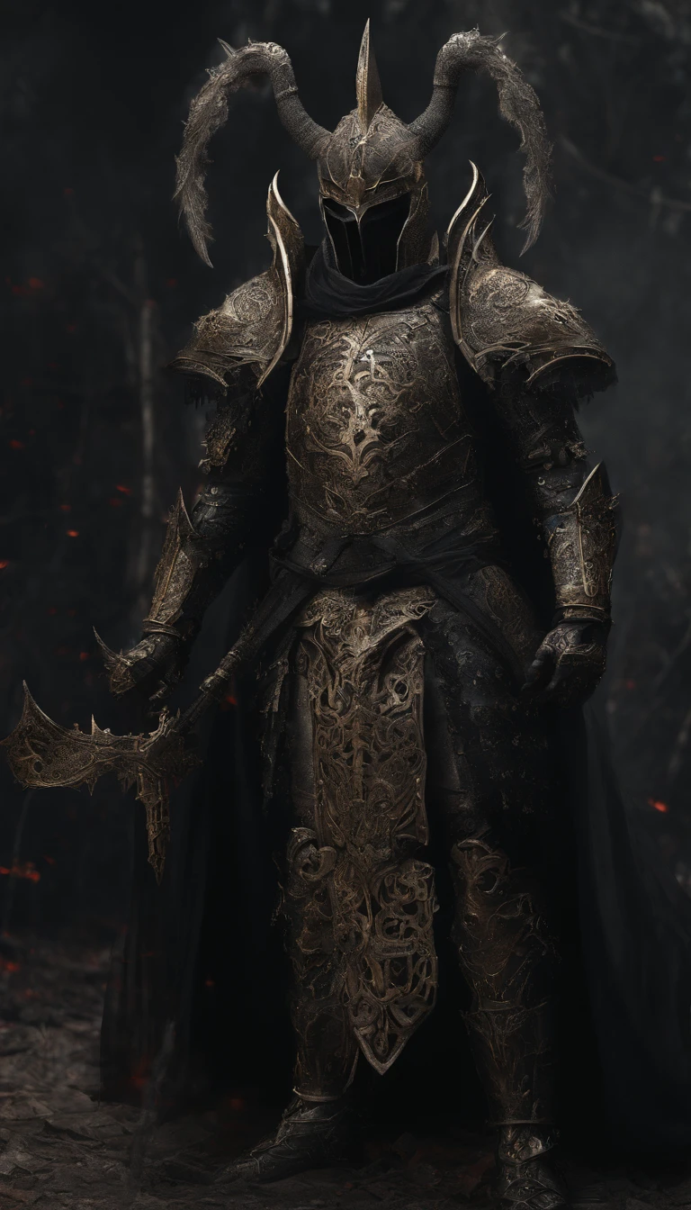 warrior, concept-art, Fantasy art, battleground background, clean render, a horned, Wear a suit of armor, Detailed bushido form smoke, helmet of a forgotten deity, character is standing, 8k Realistic, in game render, detailed face background detail, Art station front page, taur, Pseudo-medieval fantasy, A deity wearing koi armor, detailed bronze armor, Bronze armor, golden etched armor, gold obsidian armor, Light gold armor, Gorgeous filigree armor, A demonic warrior, Gorgeous armor full of thorns, Intricate assasin armor, Intricate metal armor, powerful warrior, Dressed in gorgeous gold armor,Decorated with intricate patterns, The helmet has a large crown and two horns,Glowing red eyes, Everything is in the dark, The smoky background hints at the battle scene, Add an ominous aura to his character,submission, Full body shot.