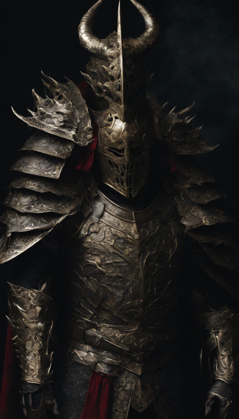 warrior, concept-art, Fantasy art, battleground background, clean render, a horned, Wear a suit of armor, Detailed bushido form smoke, helmet of a forgotten deity, character is standing, 8k Realistic, in game render, detailed face background detail, Art station front page, taur, Pseudo-medieval fantasy, A deity wearing koi armor, detailed bronze armor, Bronze armor, golden etched armor, gold obsidian armor, Light gold armor, Gorgeous filigree armor, A demonic warrior, Gorgeous armor full of thorns, Intricate assasin armor, Intricate metal armor, powerful warrior, Dressed in gorgeous gold armor,Decorated with intricate patterns, The helmet has a large crown and two horns,Glowing red eyes, Everything is in the dark, The smoky background hints at the battle scene, Add an ominous aura to his character,submission, Full body shot.