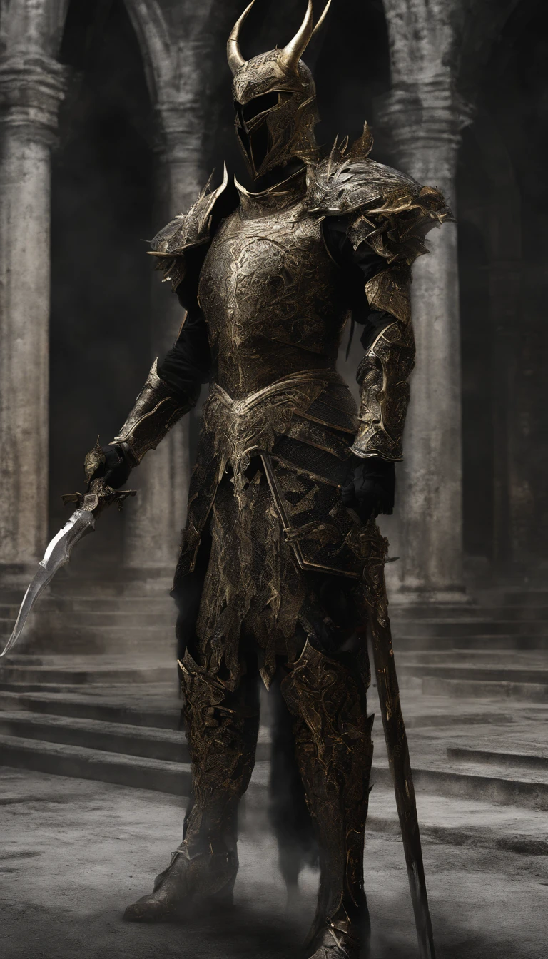 warrior, concept-art, Fantasy art, battleground background, clean render, a horned, Wear a suit of armor, Detailed bushido form smoke, helmet of a forgotten deity, character is standing, 8k Realistic, in game render, detailed face background detail, Art station front page, taur, Pseudo-medieval fantasy, A deity wearing koi armor, detailed bronze armor, Bronze armor, golden etched armor, gold obsidian armor, Light gold armor, Gorgeous filigree armor, A demonic warrior, Gorgeous armor full of thorns, Intricate assasin armor, Intricate metal armor, powerful warrior, Dressed in gorgeous gold armor,Decorated with intricate patterns, The helmet has a large crown and two horns,Glowing red eyes, Everything is in the dark, The smoky background hints at the battle scene, Add an ominous aura to his character,submission, Full body shot.