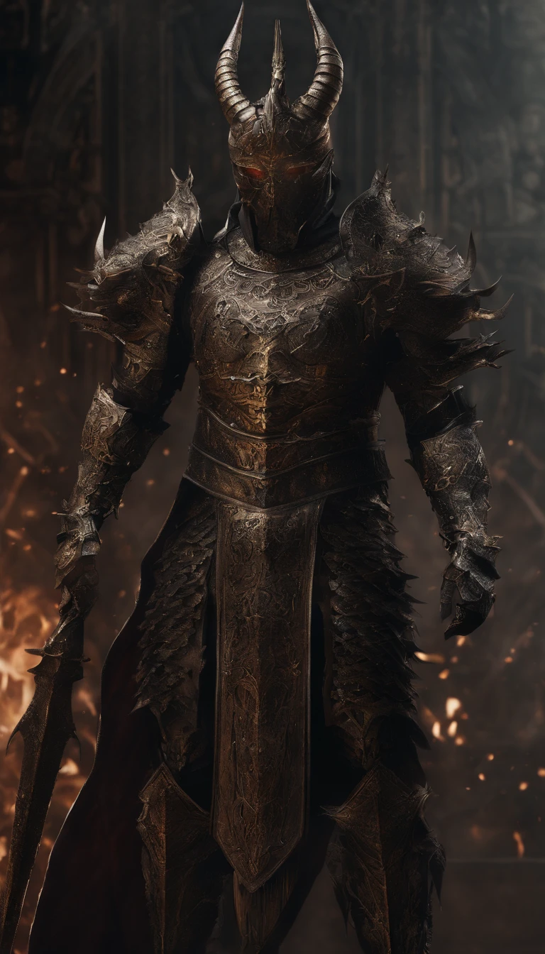 warrior, concept-art, Fantasy art, battleground background, clean render, a horned, Wear a suit of armor, Detailed bushido form smoke, helmet of a forgotten deity, character is standing, 8k Realistic, in game render, detailed face background detail, Art station front page, taur, Pseudo-medieval fantasy, A deity wearing koi armor, detailed bronze armor, Bronze armor, golden etched armor, gold obsidian armor, Light gold armor, Gorgeous filigree armor, A demonic warrior, Gorgeous armor full of thorns, Intricate assasin armor, Intricate metal armor, powerful warrior, Dressed in gorgeous gold armor,Decorated with intricate patterns, The helmet has a large crown and two horns,Glowing red eyes, Everything is in the dark, The smoky background hints at the battle scene, Add an ominous aura to his character,submission, Full body shot.