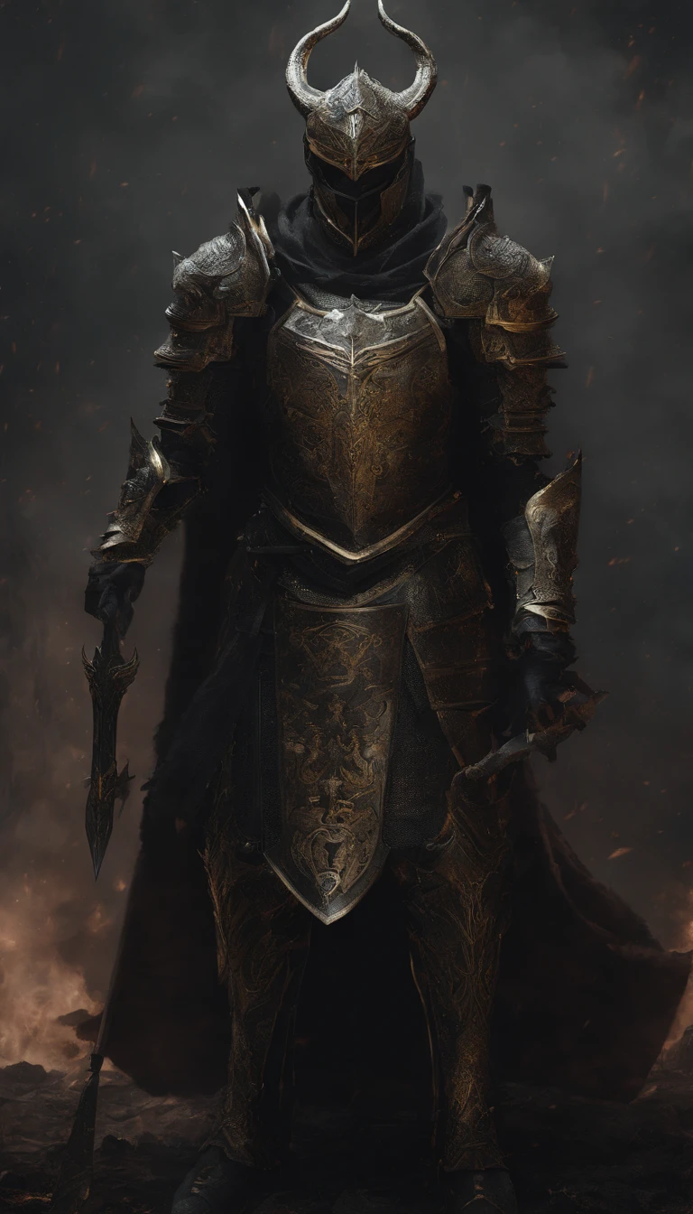 warrior, concept-art, Fantasy art, battleground background, clean render, a horned, Wear a suit of armor, Detailed bushido form smoke, helmet of a forgotten deity, character is standing, 8k Realistic, in game render, detailed face background detail, Art station front page, taur, Pseudo-medieval fantasy, A deity wearing koi armor, detailed bronze armor, Bronze armor, golden etched armor, gold obsidian armor, Light gold armor, Gorgeous filigree armor, A demonic warrior, Gorgeous armor full of thorns, Intricate assasin armor, Intricate metal armor, powerful warrior, Dressed in gorgeous gold armor,Decorated with intricate patterns, The helmet has a large crown and two horns,Glowing red eyes, Everything is in the dark, The smoky background hints at the battle scene, Add an ominous aura to his character,submission, Full body shot.
