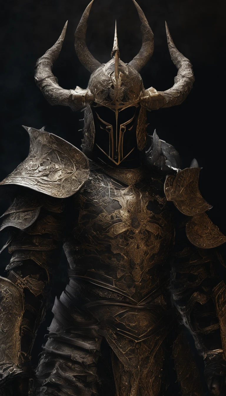 warrior, concept-art, Fantasy art, battleground background, clean render, a horned, Wear a suit of armor, Detailed bushido form smoke, helmet of a forgotten deity, character is standing, 8k Realistic, in game render, detailed face background detail, Art station front page, taur, Pseudo-medieval fantasy, A deity wearing koi armor, detailed bronze armor, Bronze armor, golden etched armor, gold obsidian armor, Light gold armor, Gorgeous filigree armor, A demonic warrior, Gorgeous armor full of thorns, Intricate assasin armor, Intricate metal armor, powerful warrior, Dressed in gorgeous gold armor,Decorated with intricate patterns, The helmet has a large crown and two horns,Glowing red eyes, Everything is in the dark, The smoky background hints at the battle scene, Add an ominous aura to his character,submission, Full body shot.