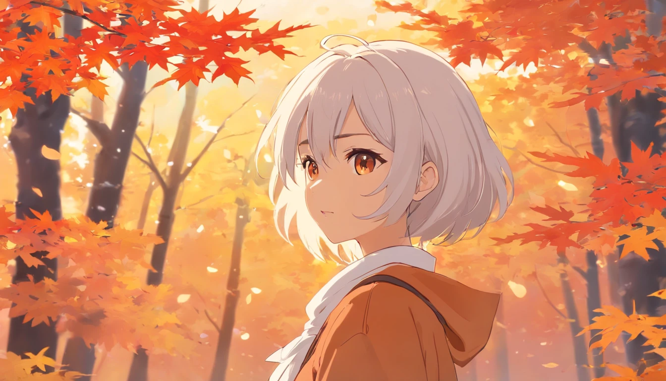 maple leaves，autumnal，white color hair，Girl side face，Oriental elements，shrines，