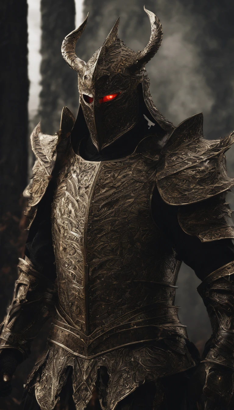 warrior, concept-art,  Fantasy art, battleground background, clean render, a horned, Wear a suit of armor, Detailed bushido form smoke, helmet of a forgotten deity, character is standing, 8k Realistic, in game render, detailed face background detail, Art station front page, taur, Pseudo-medieval fantasy, A deity wearing koi armor, detailed bronze armor, Bronze armor, golden etched armor, gold obsidian armor, Light gold armor, Gorgeous filigree armor, A demonic warrior, Gorgeous armor full of thorns, Intricate assasin armor, Intricate metal armor, powerful warrior, Dressed in gorgeous gold armor，Decorated with intricate patterns, The helmet has a large crown and two horns,Glowing red eyes， Everything is in the dark, The smoky background hints at the battle scene, Add an ominous aura to his character，submission, Full body shot.