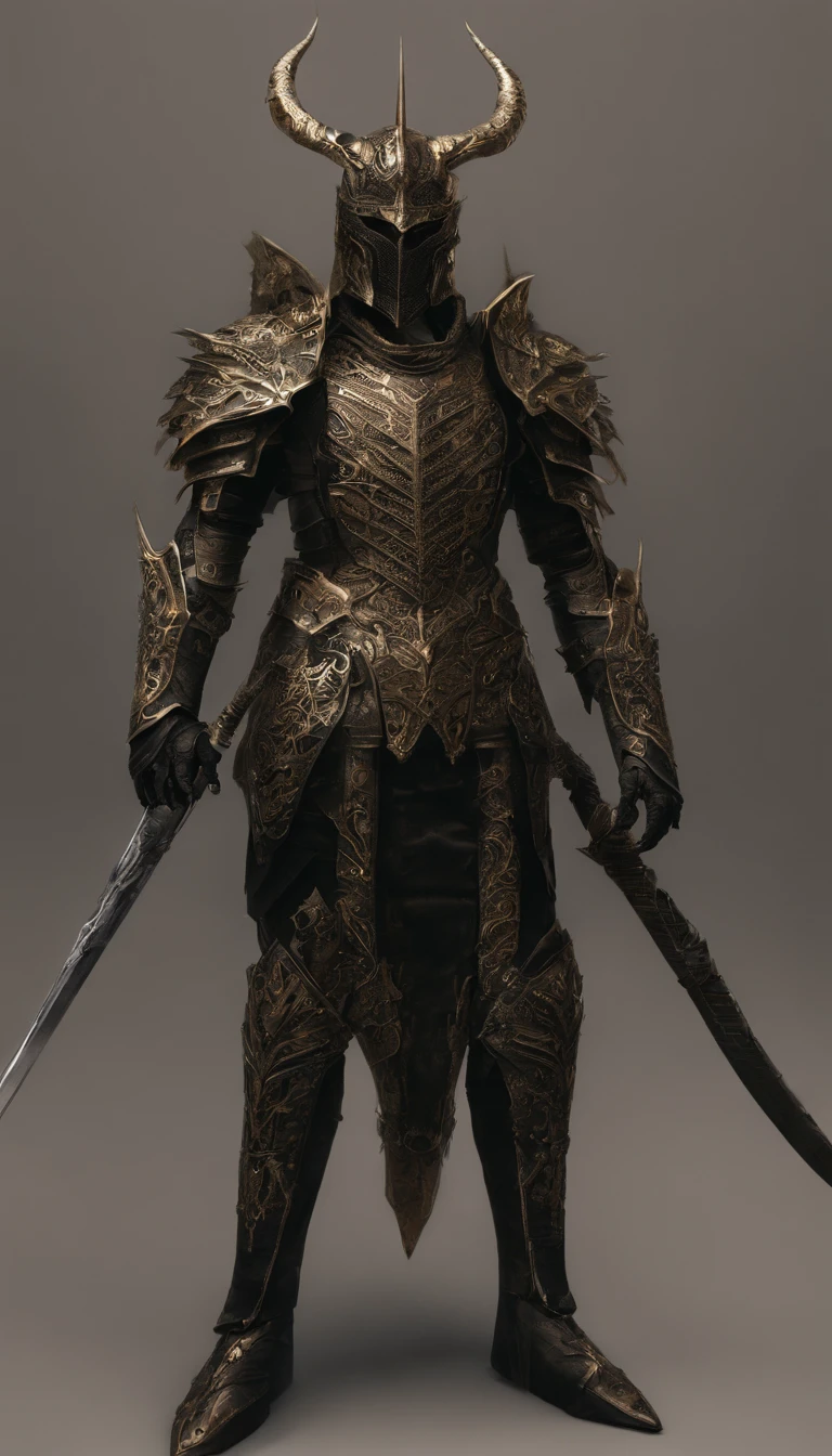 warrior, concept-art, Fantasy art, battleground background, clean render, a horned, Wear a suit of armor, Detailed bushido form smoke, helmet of a forgotten deity, character is standing, 8k Realistic, in game render, detailed face background detail, Art station front page, taur, Pseudo-medieval fantasy, A deity wearing koi armor, detailed bronze armor, Bronze armor, golden etched armor, gold obsidian armor, Light gold armor, Gorgeous filigree armor, A demonic warrior, Gorgeous armor full of thorns, Intricate assasin armor, Intricate metal armor, powerful warrior, Dressed in gorgeous gold armor,Decorated with intricate patterns, The helmet has a large crown and two horns,Glowing red eyes, Everything is in the dark, The smoky background hints at the battle scene, Add an ominous aura to his character,submission, Full body shot.