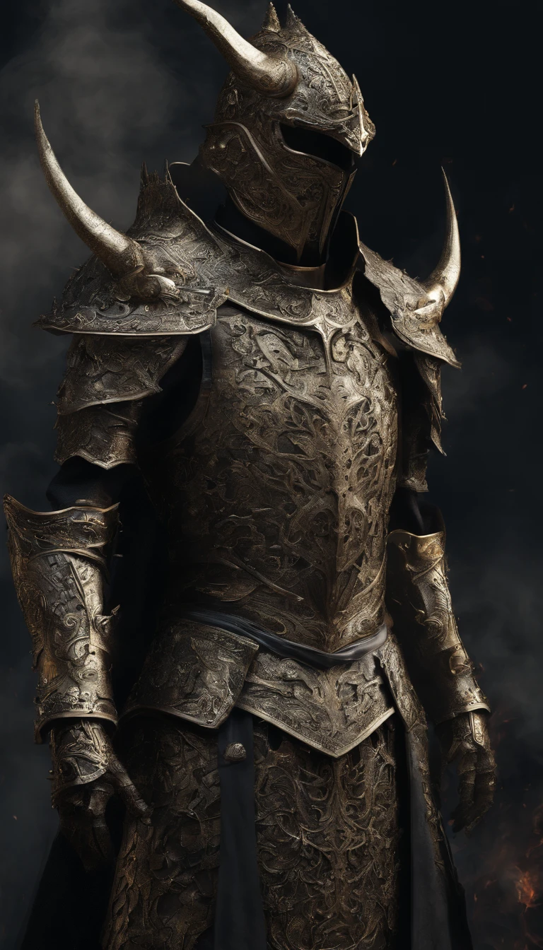 warrior, concept-art,  Fantasy art, battleground background, clean render, a horned, Wear a suit of armor, Detailed bushido form smoke, helmet of a forgotten deity, character is standing, 8k Realistic, in game render, detailed face background detail, Art station front page, taur, Pseudo-medieval fantasy, A deity wearing koi armor, detailed bronze armor, Bronze armor, golden etched armor, gold obsidian armor, Light gold armor, Gorgeous filigree armor, A demonic warrior, Gorgeous armor full of thorns, Intricate assasin armor, Intricate metal armor, powerful warrior, Dressed in gorgeous gold armor，Decorated with intricate patterns, The helmet has a large crown and two horns,Glowing red eyes， Everything is in the dark, The smoky background hints at the battle scene, Add an ominous aura to his character，submission, Full body shot.