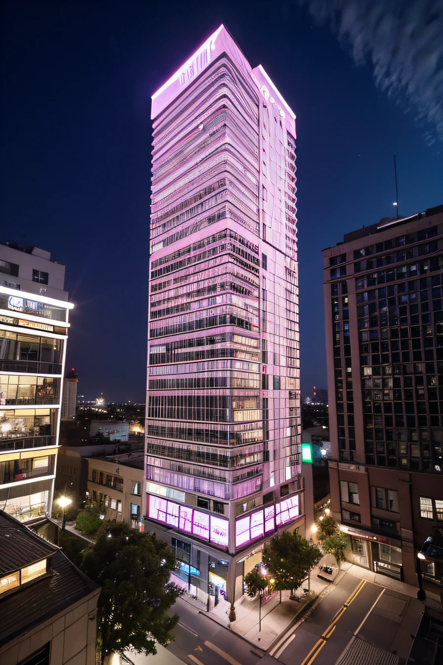 A new pink style building is located in the downtown area，Bottom-to-top angle view