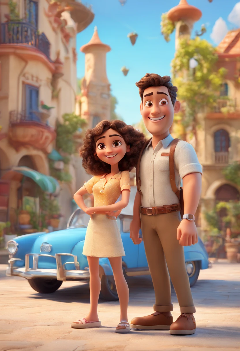 Cartoon of couple having fun on vacation together,  3D Animation Movie Poster, Poster de filme animado, pixar 3 d animation style, pixar renderman rendering, maia 8 mil, animated film, Disney Pixar Estilo 3D, amigos felizes saem juntos, all wearing light blue shirts and cream brown long pants, camisa azul clara, cream brown pants, ao ar livre, vacation, Disney Pixar Animation Poster