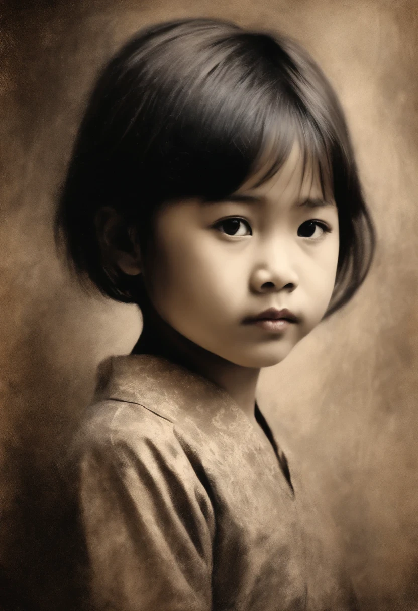 Coarse charcoal sketch on old paper, Asian little girlshort hair, Dress simply, with a sad expression, Dynamic