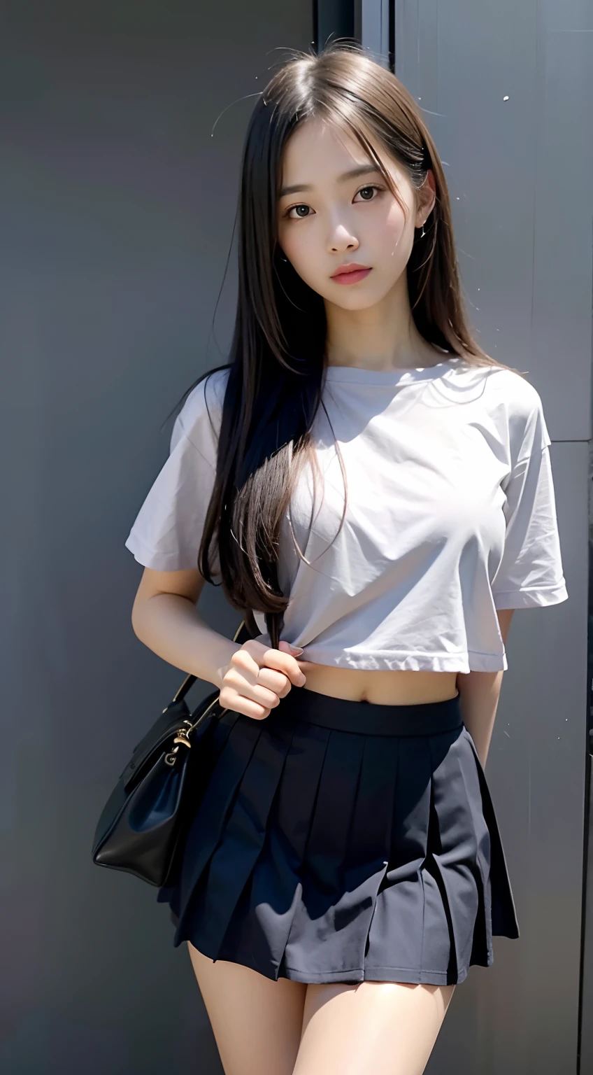 (8K, Raw photography, top-quality, ​masterpiece:1.2),  One Woman、Japan at the age of 18,fullllbody.{scinematic angle、Wide Angle}（Realistic Skins 1.4）、（（（female high-school student、School Uniforms、）））、{{{is standing}}（（School Uniforms、Cutter shirt、pleatedskirt、pumps、））、50mm Lens、30mm film、wide angles、（long、straight haired、）、（A dark-haired、The forehead is hidden by bangs、）、Black eyes、shinny skin.Beautiful delicate face、Beautiful delicate eyes、｛tiny chest、Voluptuous body shape、Thicker thighs｝、One piercing in each ear、simple background、Gray background、