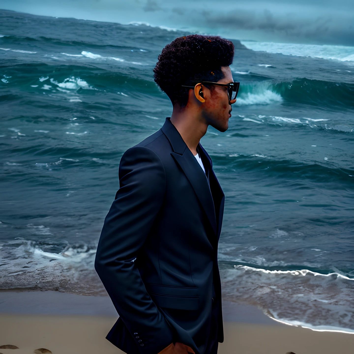 there is a boy in a black suit and sunglasses standing on the beach, the ocean in the background, the sea and storms behind him, posing on a beach with the ocean, ocean in the background, at the sea, on the ocean, profile shot, the sea in the background, on the ocean water, standing at the beach, at a beach, standing beside the ocean