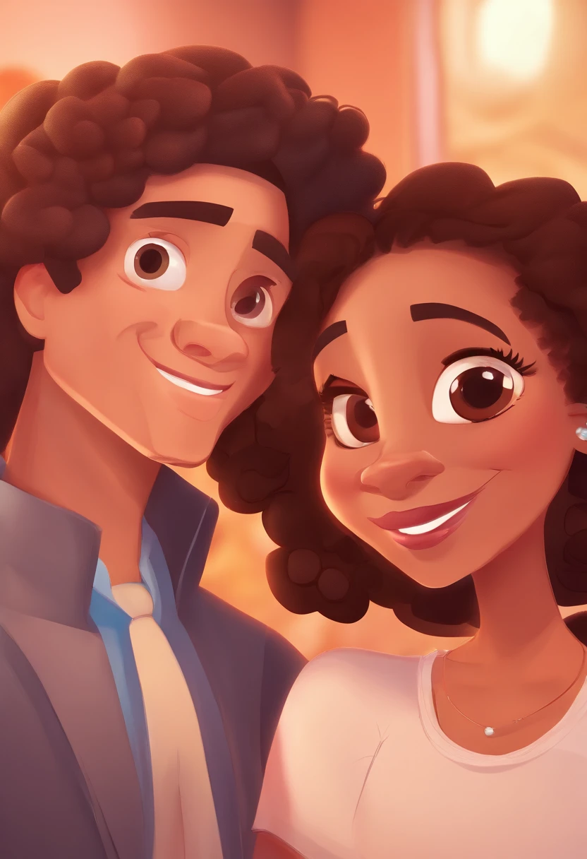 An illustration of an adorable couple, Highlighting a white man and a black woman with beautiful expressive eyes – the man's skin is white and the man's hair is straight and black, while the woman's skin is black and the woman's hair is straight and brown. They are a bright room, cada um com um sorriso no rosto, e compartilhar um momento especial caracterizado pelo amor, Insights. Illustrate this scene from a perspective where they are facing the camera, Smiling and Showing Your Connection. Desenvolva esta arte em Full HD, Focus on your cinematic touch, Estilo Disney Pixar Animations