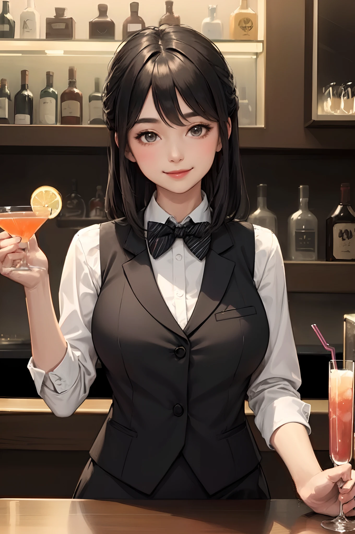 1lady solo standing, bartender /(formal outfit grey vest bowtie/), mature female, /(black hair/) bangs, kind smile, (masterpiece best quality:1.2) delicate illustration ultra-detailed, large breasts BREAK /(bar counter/) /(cocktail glass/) indoors, night, detailed background