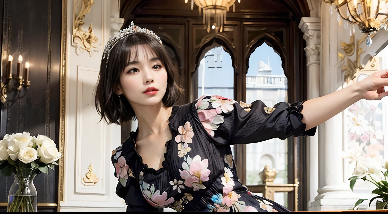 80
(20-year-old princess,is standing), (A hyper-realistic), (masutepiece), ((short-hair:1.46)), (Smooth black hair), (Breast:1.0), (kindly smile:0.9), (Floral Dresses:1.46), (Majestic Palace:1.46), Orange Lipstick