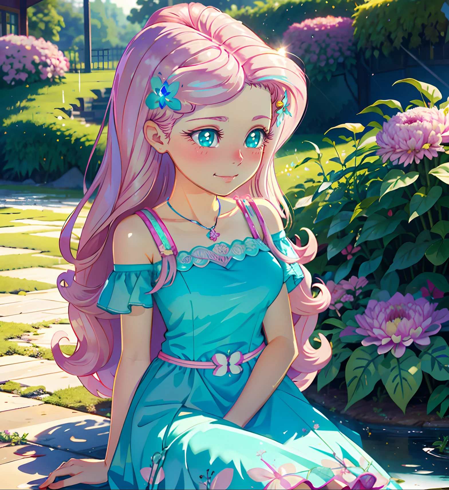 Fluttershy, fluttershy from equestria girls, fluttershy in the form of a girl, lush breast, pink long wavy hair, soft smile, flowers, butterflies, (top quality, masterpiece, ultra-realistic), rainy day, raining, wet ground, puddle, indoor botanical garden, dome, lots of flowers, dense mass plants, the background landscape is a garden with petals, Dahlia peony flowers everywhere, turquoise eyes, turquoise eyeshadow, green dress, butterfly hair clip, derailed lighting, sunlight, yellow pure light, sitting, heavenly plants, hanging planters, bright rays, flower crown