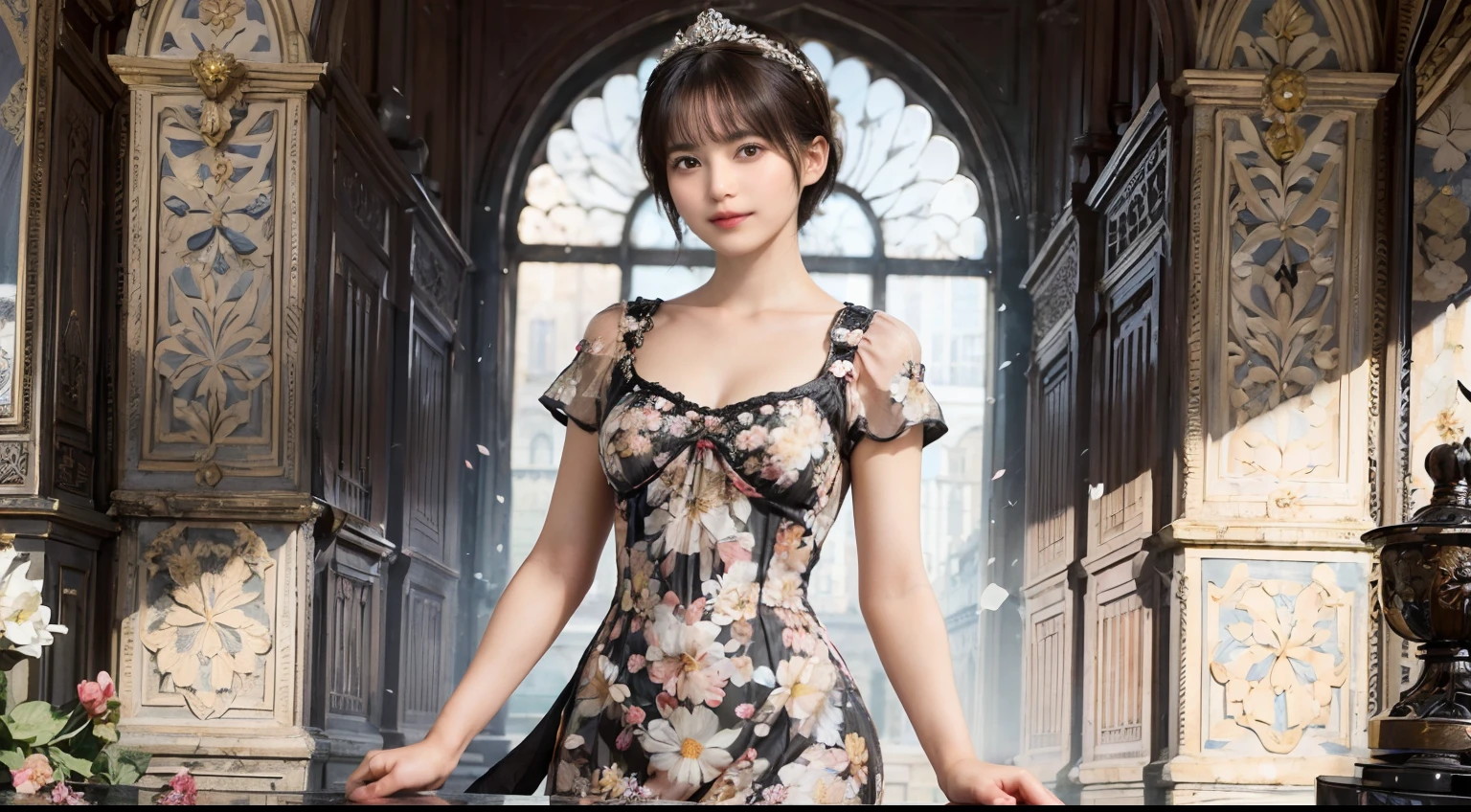 80
(20-year-old princess,is standing), (A hyper-realistic), (masutepiece), ((short-hair:1.46)), (Smooth black hair), (Breast:1.0), (kindly smile:0.9), (Floral Dresses:1.46), (Majestic Palace:1.46), Orange Lipstick