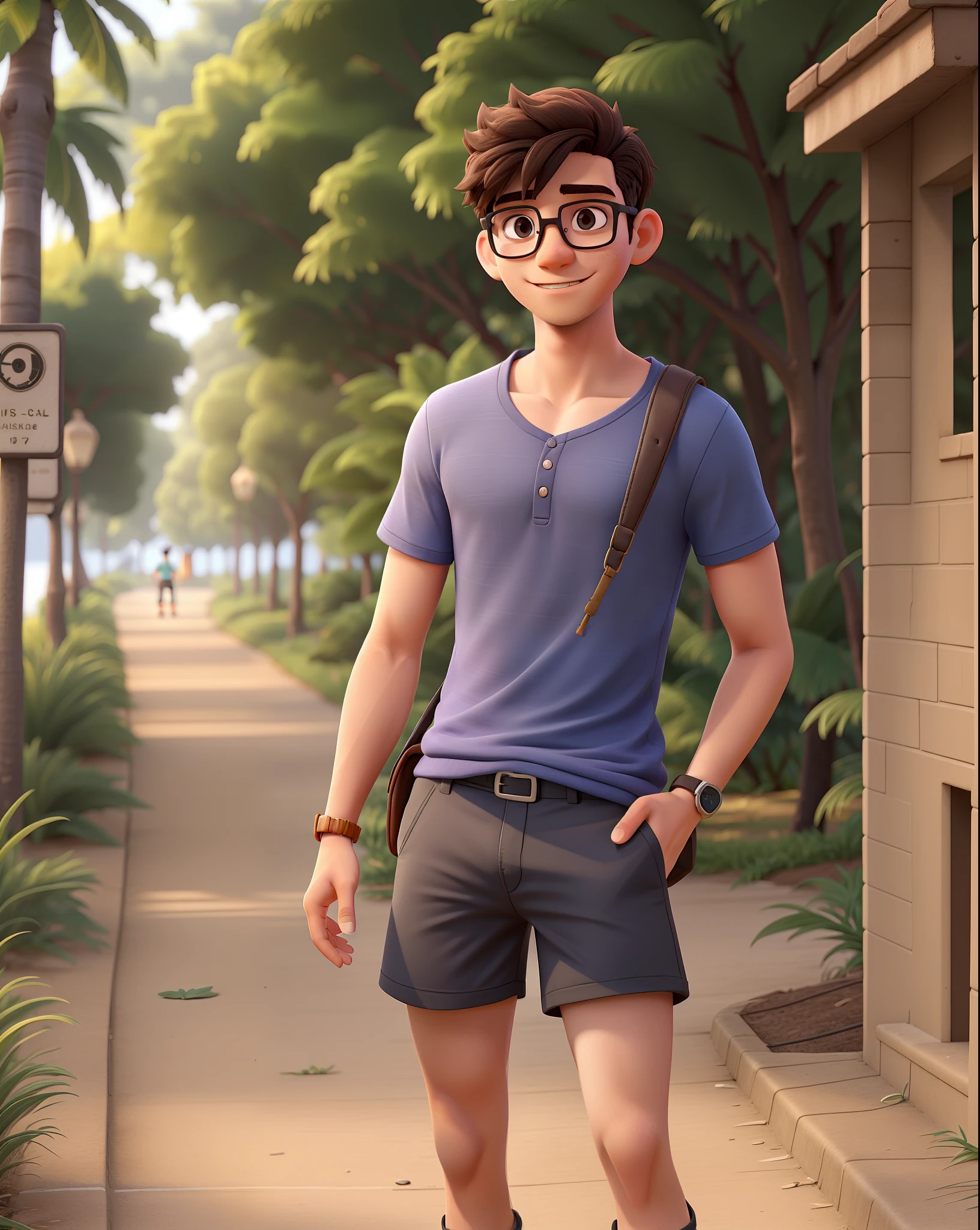 a young man with glasses, com cabelo curto passeando no parque de shorts preto e camiseta laranja,
