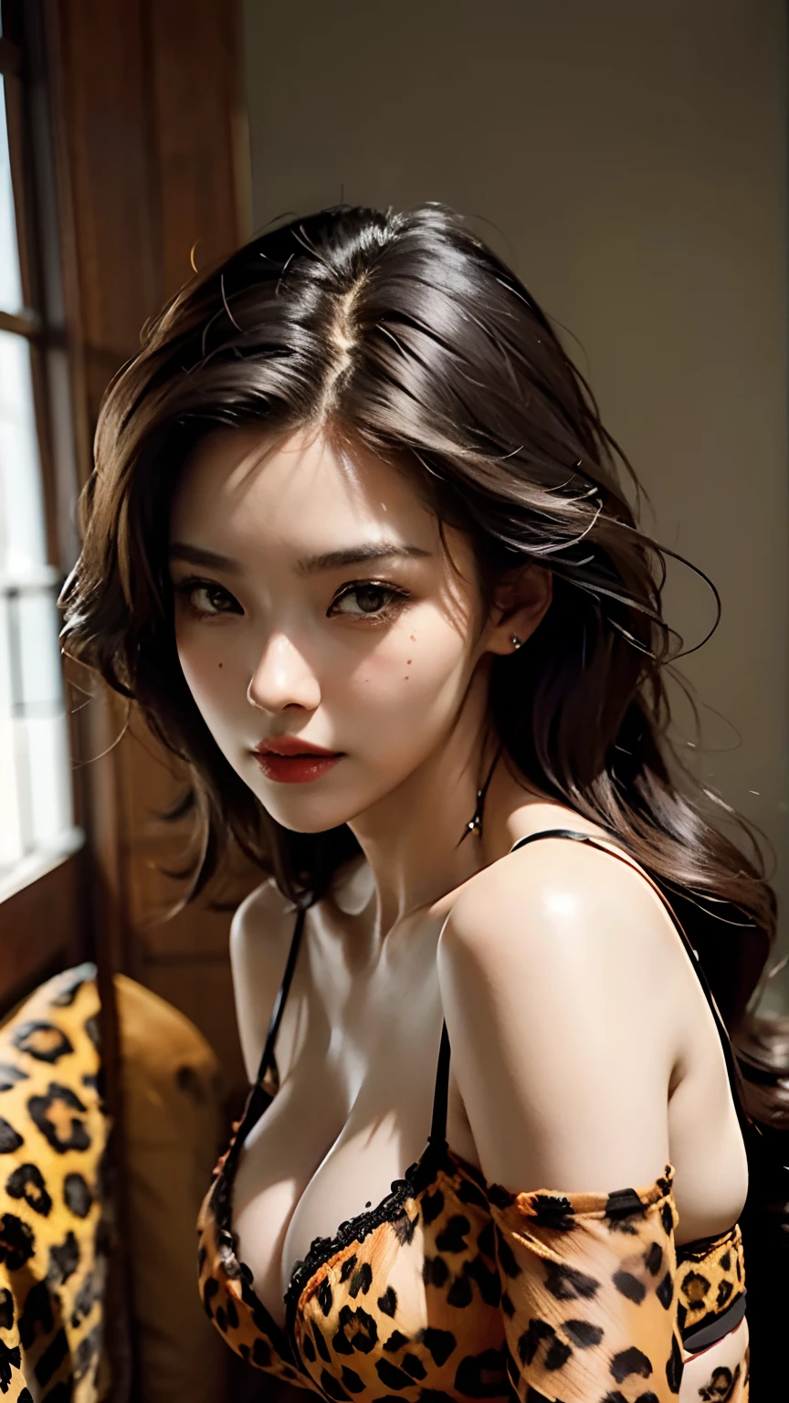 Pretty woman, Very sexy body, large breasts profile looking straight into the camera, Leopard print lingerie, Orange lingerie, undergarment, With a sexy look.