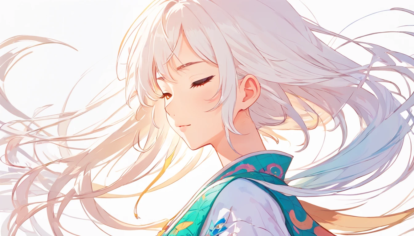 (White background:1.4),(Silhouette of a girl's head, Eyes closed, colorfull long hair, Oriental elements),(Chinese illustration:1.3,paper art:1.3, Quilted paper art:1.2),Dunhuang elements,white color hair,Meet the sacred deer