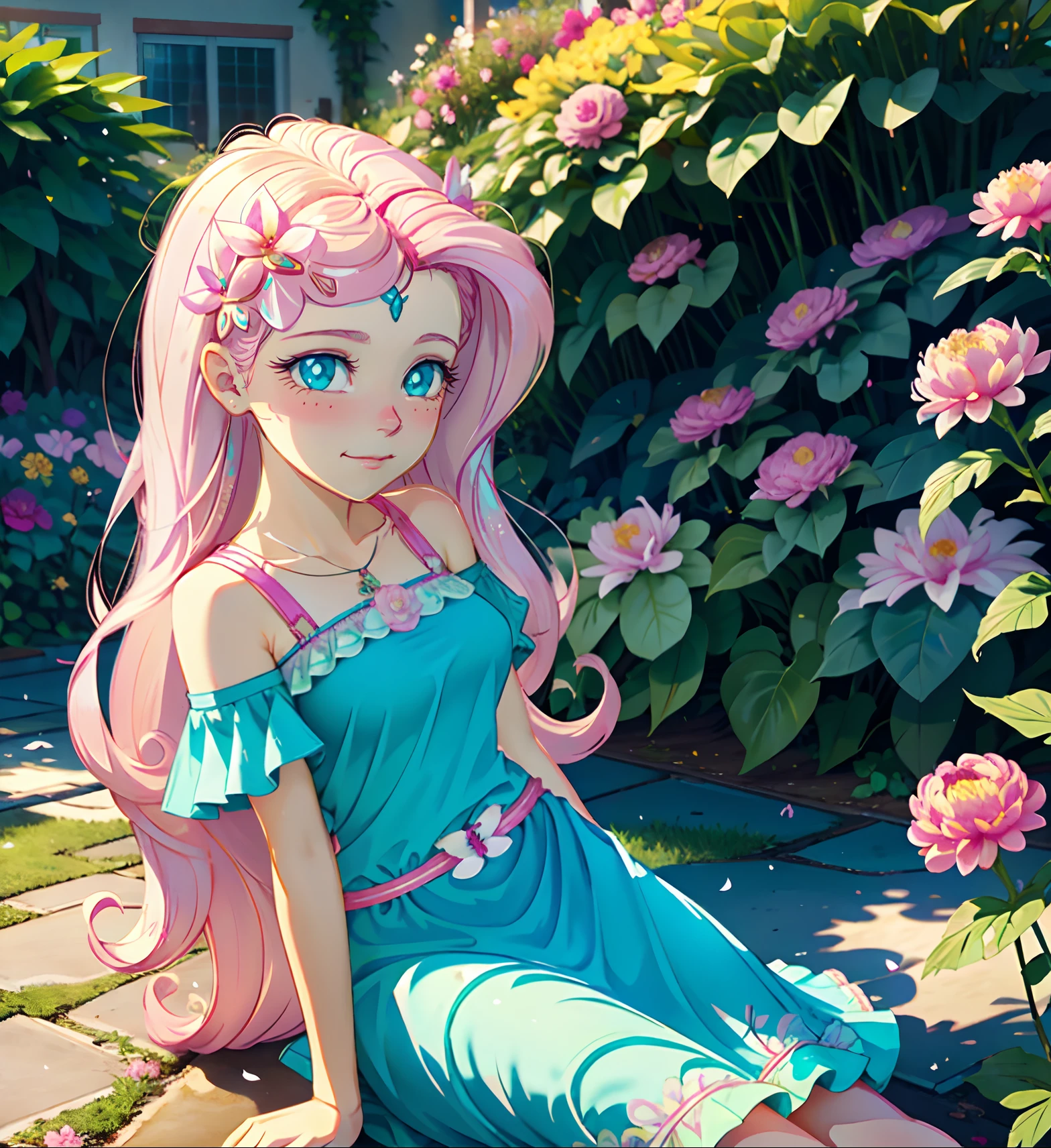 Fluttershy, fluttershy from equestria girls, fluttershy in the form of a girl, lush breast, pink long wavy hair, soft smile, flowers, butterflies, (top quality, masterpiece, ultra-realistic), rainy day, raining, wet ground, puddle, indoor botanical garden, dome, lots of flowers, dense mass plants, the background landscape is a garden with petals, Dahlia peony flowers everywhere, turquoise eyes, turquoise eyeshadow, green dress, butterfly hair clip, derailed lighting, sunlight, yellow pure light, sitting, heavenly plants, hanging planters, bright rays, flower crown