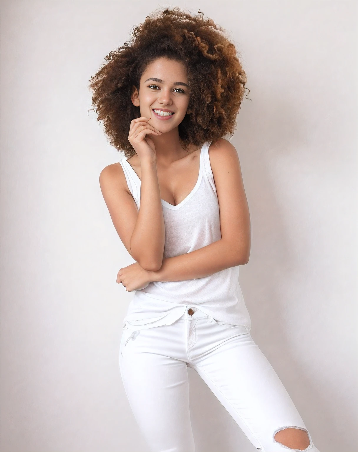 a woman with curly hair posing for a picture in white jeans, wearing white clothes, a beautiful woman in white, smiling fashion model, attractive woman, confident relaxed pose, in white clothes, wearing white camisole, attractive young woman, attractive girl, gorgeous woman, white clothes, cute young woman, with afro, a cute young woman, mixed-race woman