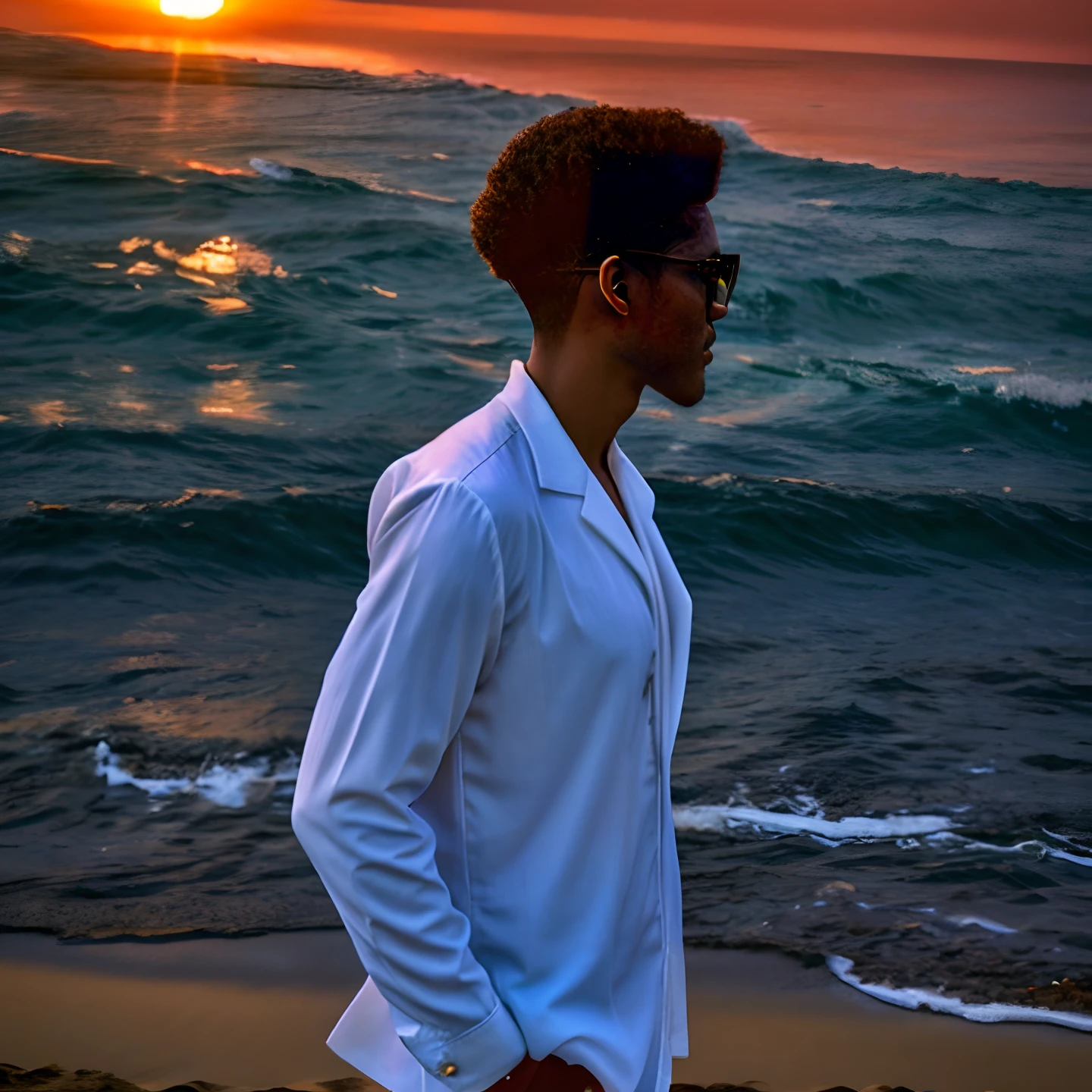 there is a boy in a black suit and sunglasses standing on the beach, the ocean in the background, the sea and storms behind him, posing on a beach with the ocean, ocean in the background, at the sea, on the ocean, profile shot, the sea in the background, on the ocean water, standing at the beach, at a beach, standing beside the ocean