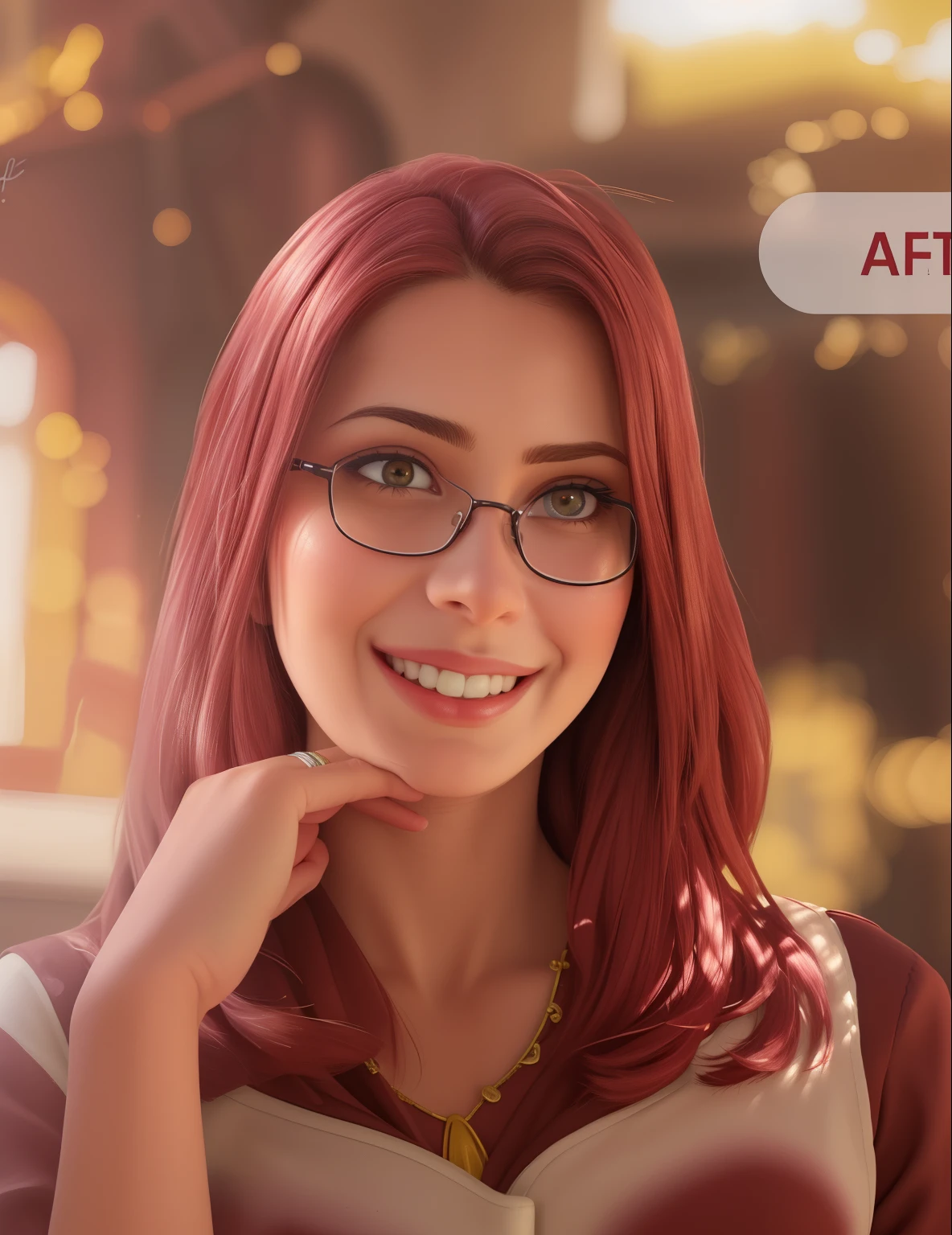 (best quality, Altas, Realistic:1.37), retrato detalhado, oil painting, Mulher de meia-idade, cores vibrantes, Rosto redondo, sorriso encantador, longos cabelos loiros, olhos castanhos, glasses