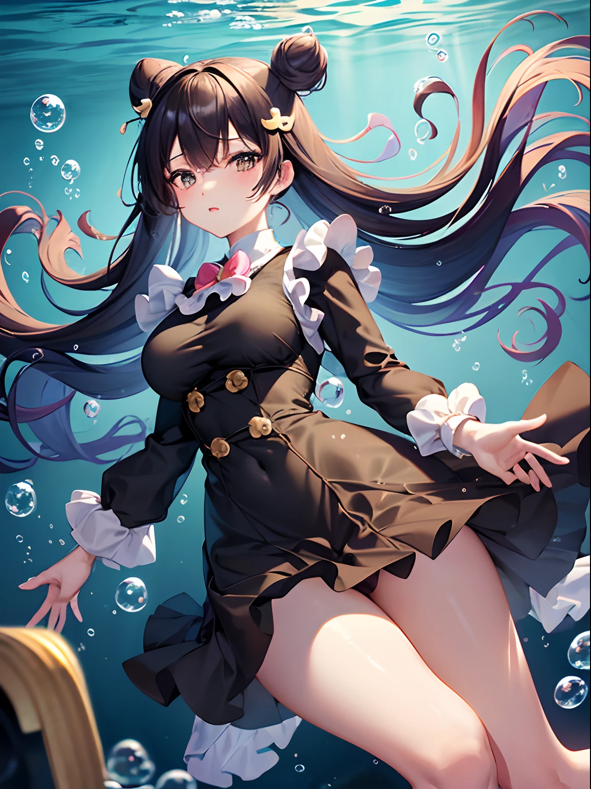 kawaii, anime style, masterpiece, best quality, ultra detailed, A girl floating in cider, 1girl, 17years old, strong and handsome, tsundere and beautiful, long black hair, double buns, a healthy figure and medium_breasts, black china dress, long skirt, (bubbles, underwater:1.5)