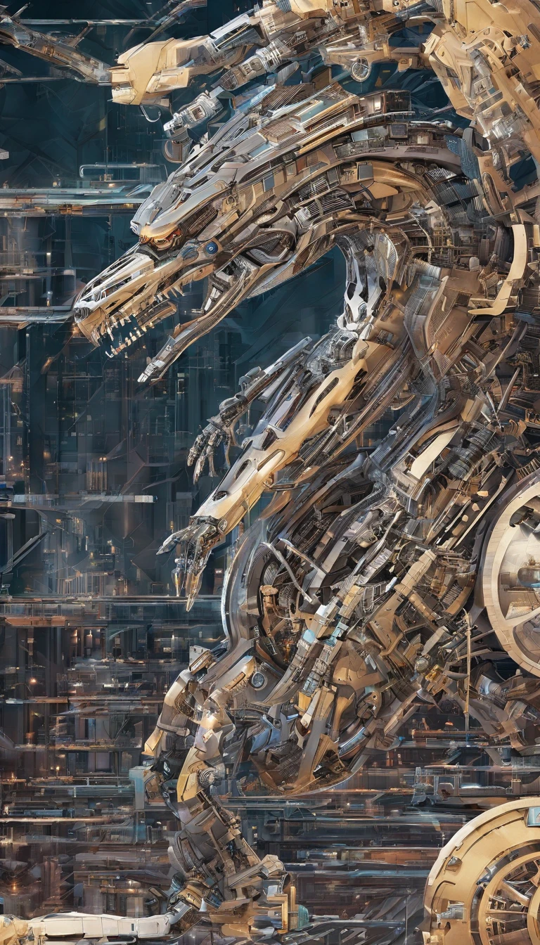 A mechanical crocodile，Complex mechanical mechanism，Metal housing，Complex wires，metalictexture，future-tech，It looks imposing，Hyper-realistic，Super lots of detail，超高分辨率