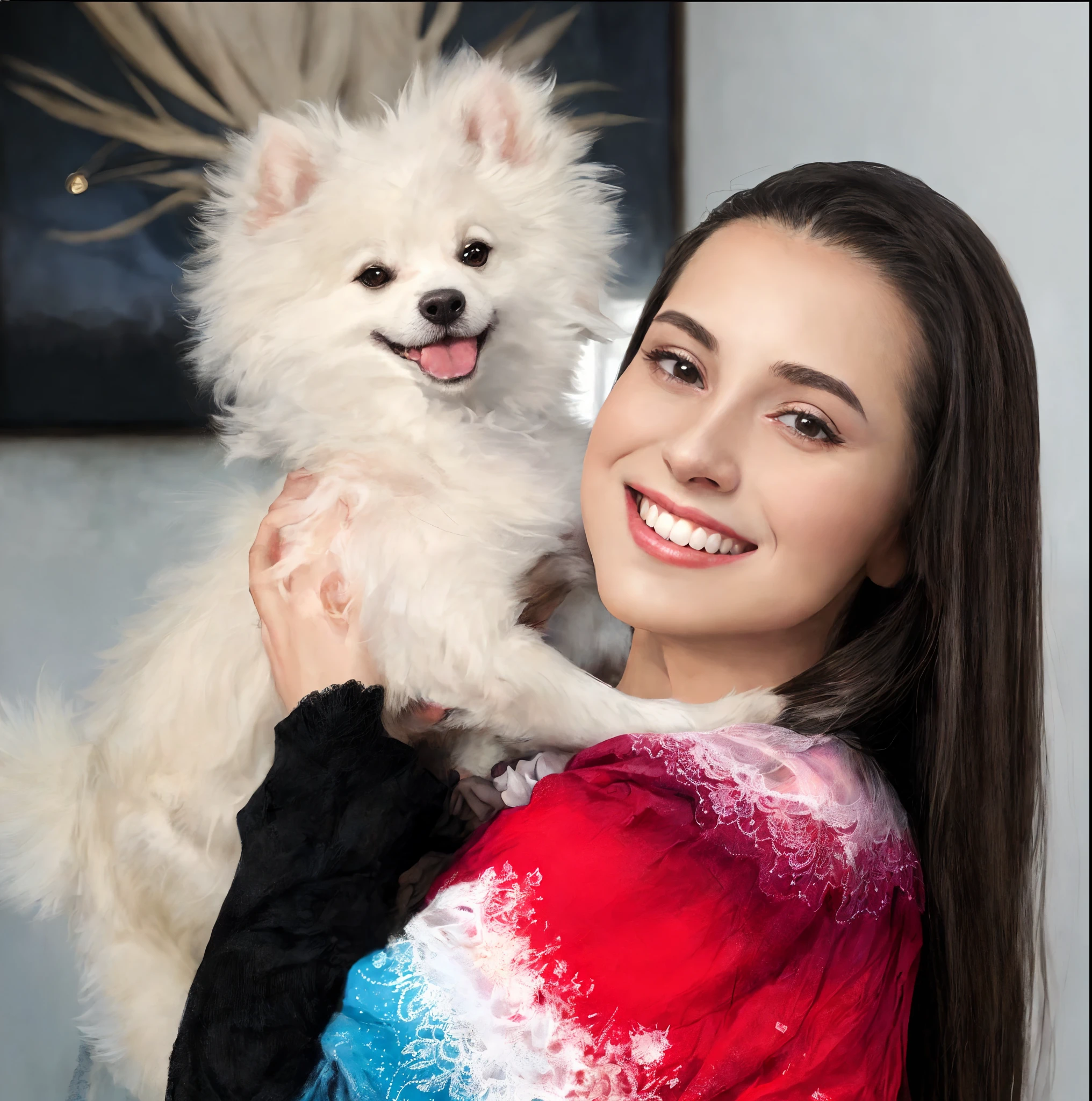 Araffe woman holding a small white dog in her arms, Valentina Embaralhamento, by Amelia Peláez, Alina Ivanchenko, Alexandra Waliszewska, Madalena Radziej, Alanis Guillen, pet animal, Anastasia Ovchinnikova, Jovana Rikalo, Olga Buzova, Marischa Becker