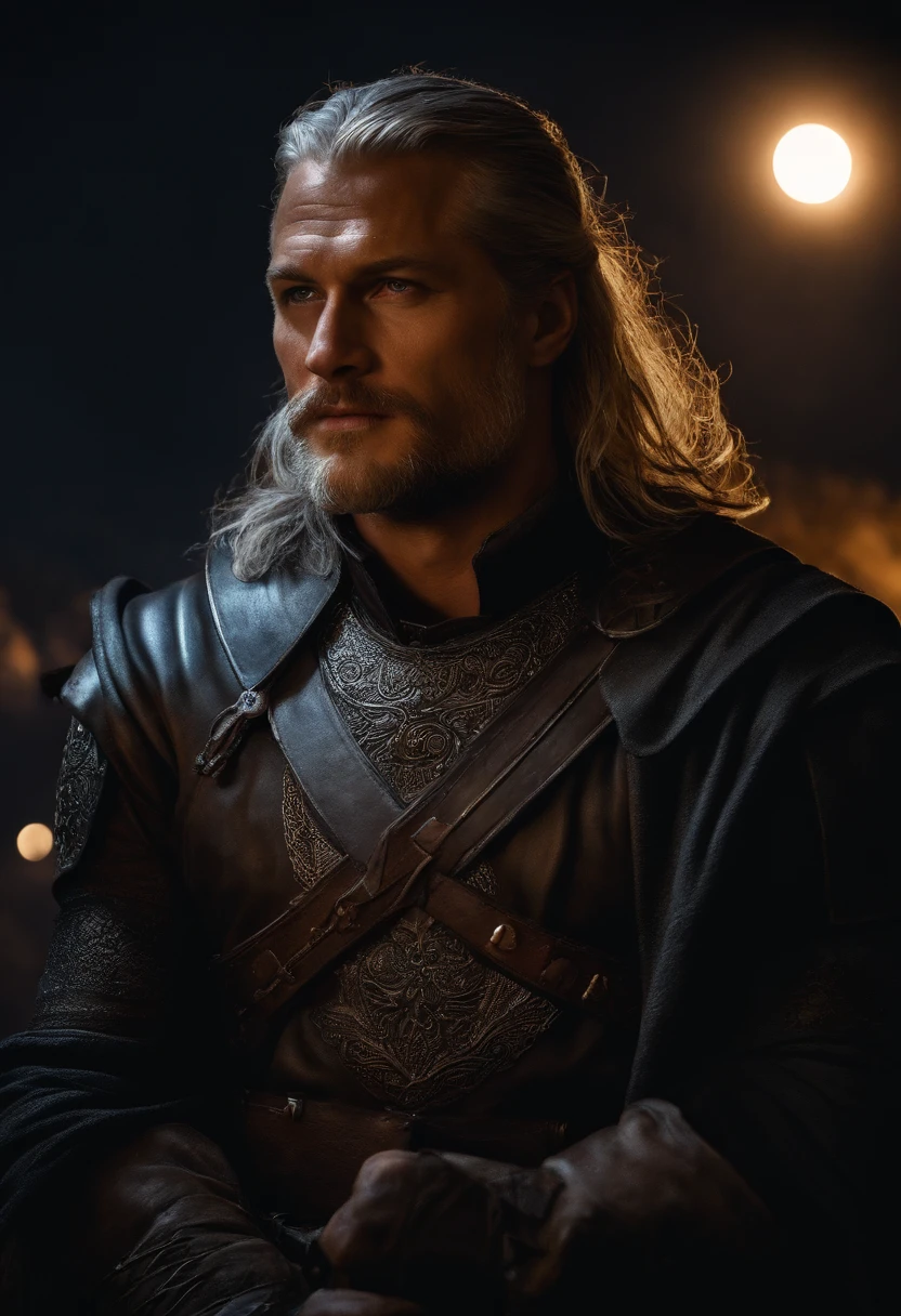 Portrait of actor Travis Fimmel as Geralt of Rivia at night, Your face is illuminated by the full moon, ele tem barba, Estilo de disparo do modelo (cg unidade extremamente detalhada 8k), fotografia full frame da mais bela obra de arte do mundo, armadura bruxa medieval, pintura majestosa profissional por Greg Rutkowski, trending on ArtStation, trending in cgsociety, intrincado, altamente detalhado, Clear focus, Dramatic, pintura fotorrealista de Midjourney