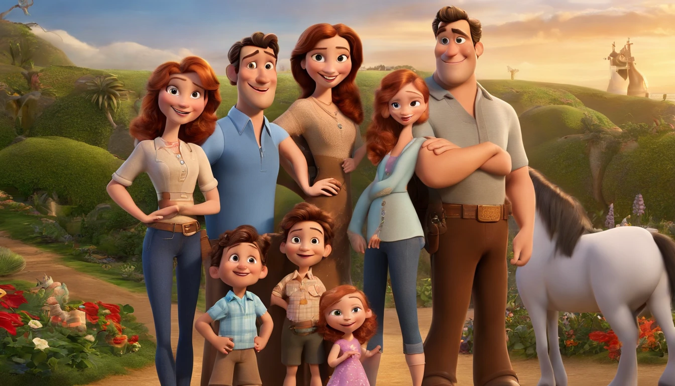 a Disney Pixar movie poster showing a white-skinned family. The father is the tallest, Tem barba curta, loiro, cabelos curtos e espinhosos. The mother has brown eyes and hair, shoulder-length and is slightly overweight. A menina tem 4 anos e cabelos castanhos, roupa rosa e rabos de cavalo. The background is a beach garden. 3D-rendering