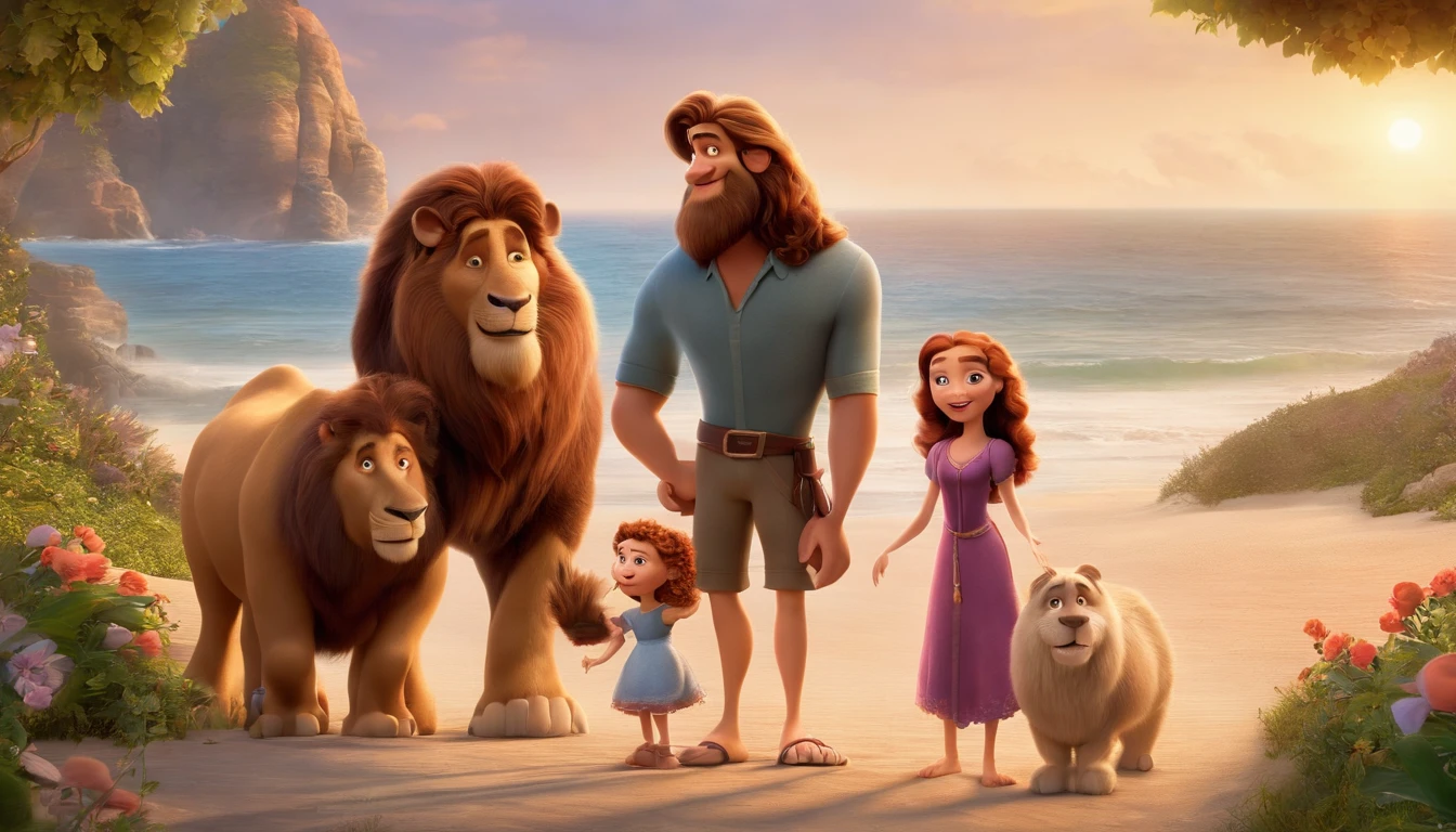 a Disney Pixar movie poster showing a white-skinned family. The father is the tallest, Tem barba curta, loiro, cabelos curtos e espinhosos. The mother has brown eyes and hair, shoulder-length and is slightly overweight. A menina tem 4 anos e cabelos castanhos, roupa rosa e rabos de cavalo. The background is a beach garden. 3D-rendering