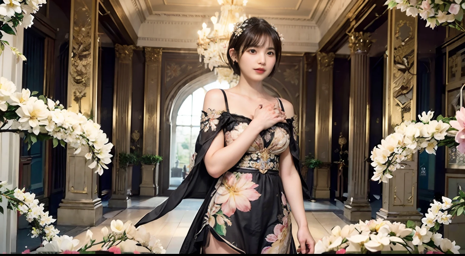 (masterpiece, highest quality, highest quality, Official Art, beautifully、aesthetic:1.2), (1 girl), Very detailed,(Fractal Art:1.3),Colorful Dresses, Most detailed, Background with fractals and various floral and greenery details