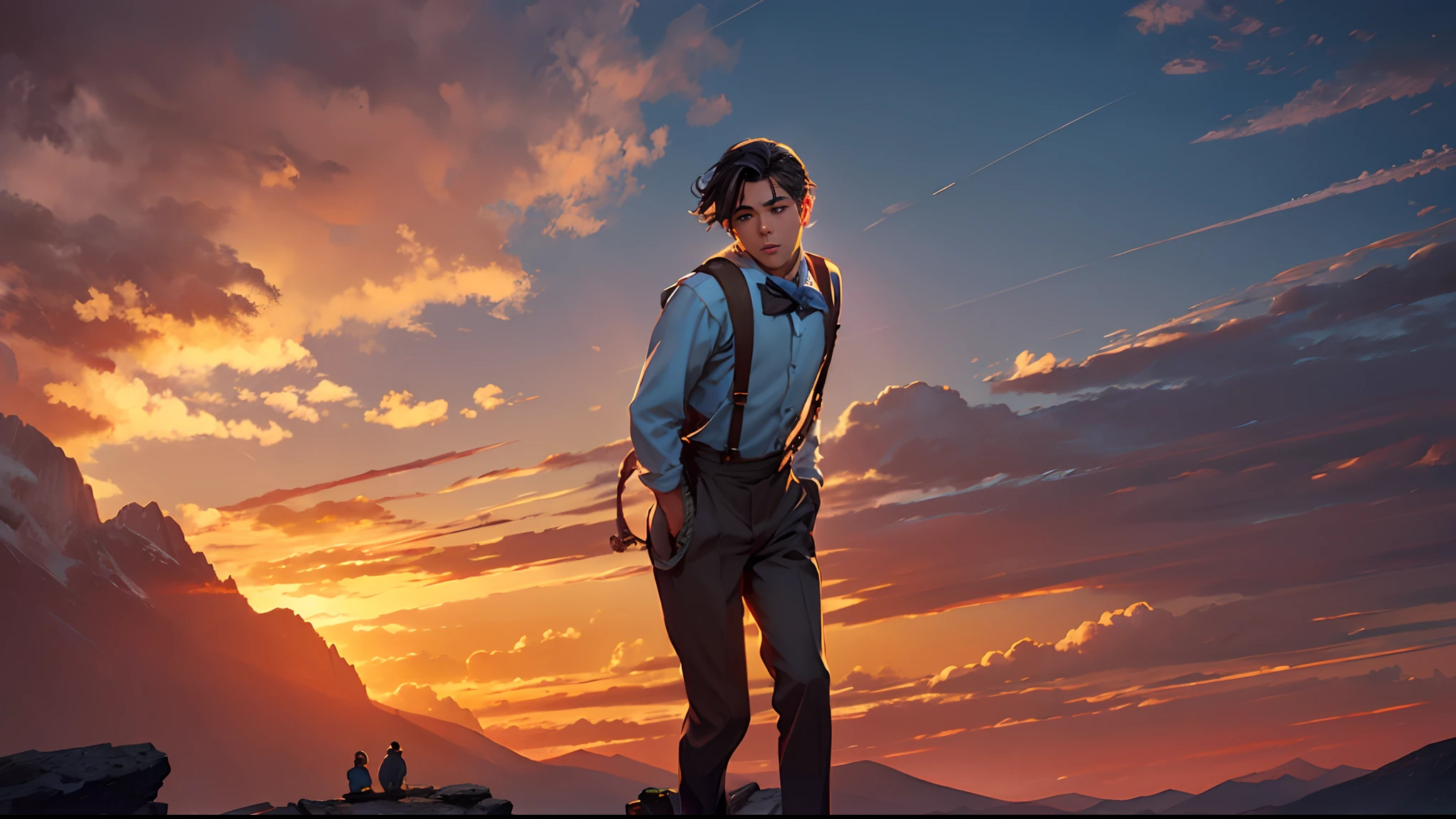 eventide，evening light，Suspenders，Stand on top of the mountain with your feet，middle parted hairstyle，Boy student，stooped，Place your hands on your back，Left side of the face