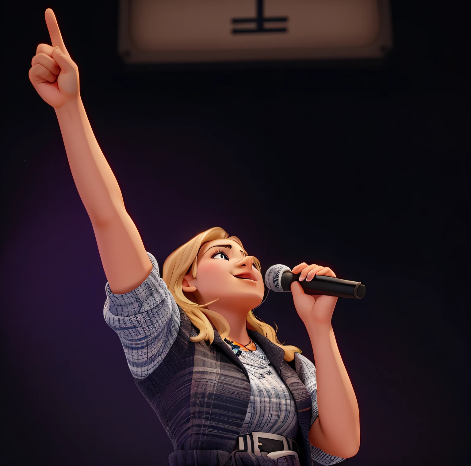 Uma mulher olhando para cima, Holding a microphone and pointing another hand upwards