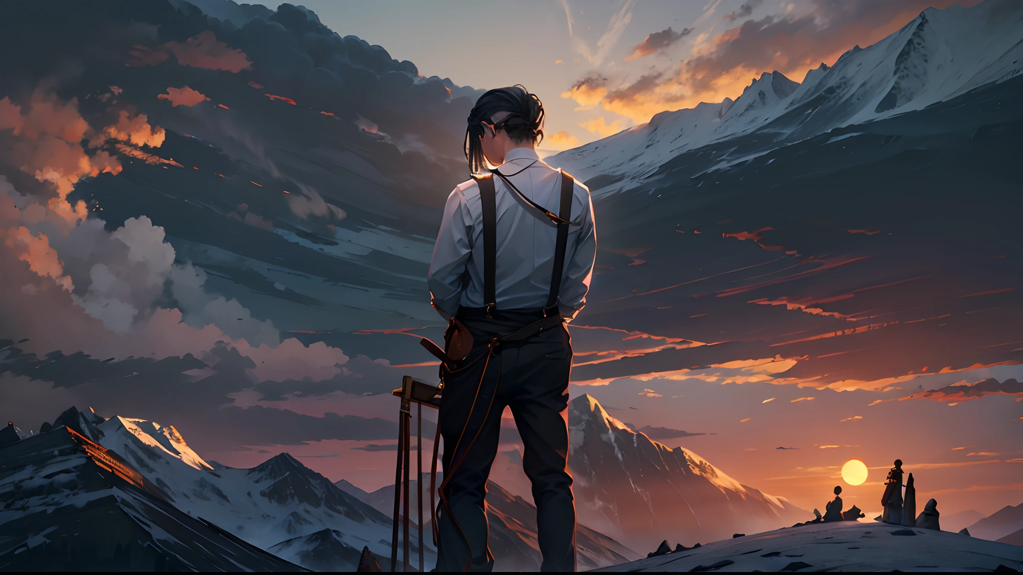 eventide，black cloud，Suspenders，Stand on top of the mountain with your feet，middle parted hairstyle，，stooped，Place your hands on your back，Left side of the face