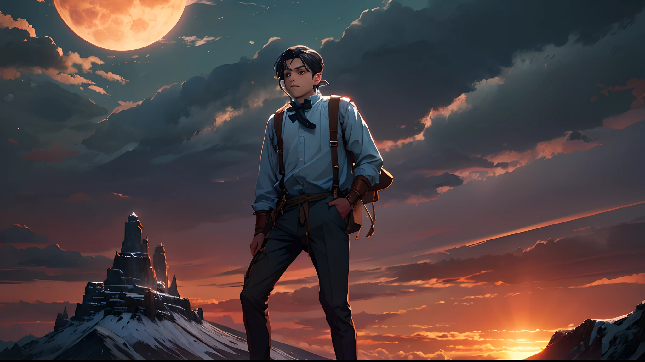 eventide,dark cloude,Suspenders,Stand on top of the mountain with your feet,middle parted hairstyle,Boy student,stooped,Place your hands on your back,Left side of the face