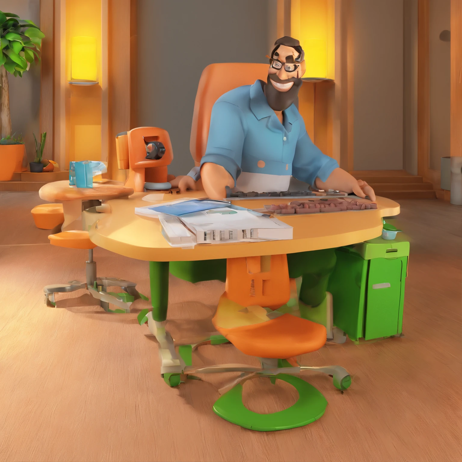 Criar um personagem no estilo Pixar. Trata-se de um homem de 45 anos, moreno,com barba baixa, com cabelos grisalhos curtos e um quiff, e olhos pretos. Ele deve estar na frente de um computador, Work as an occupational safety technician at Enel Green Power.