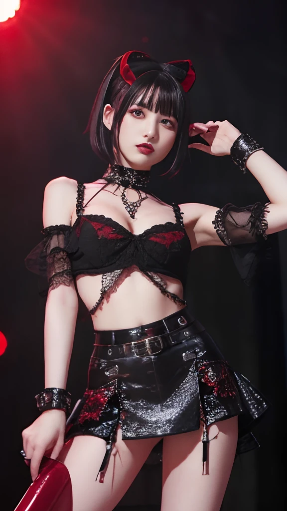 Vampire idol in gothic punk fashion、large full breasts、beautiful foot、、、Good Style、、、Black and Red Gothic Lolita Punk Fashion（、a miniskirt）、、、Black hair with red mesh、A tall、cool expression、Illuminated by a red spotlight