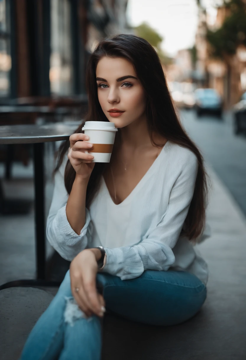 girl drinking coffee on the street with straight dark hair and white skin