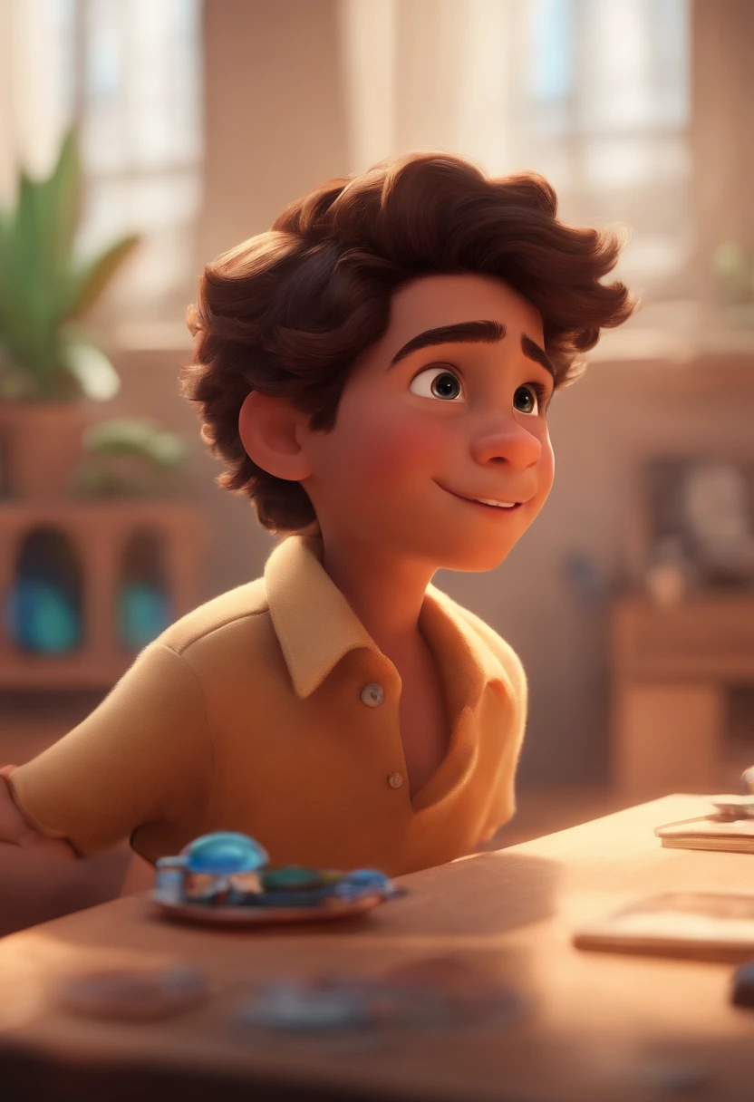 Image of a boy for a story in a YouTube video in Pixar format, He's the  allabester, He's the class leader, He's outgoing, Playful and gets up for a lot of things, cabelo curto