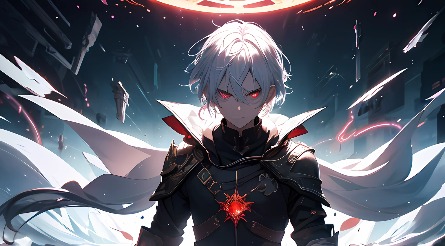 a painting that represents the essence of magic in your world, showing the white-haired, red-eyed protagonist with a mystical black mark on his neck immersed in a cascade of magical energy, with glowing particles dancing around him and arcane symbols forming in the air, masterpiece, best quality, ultra-detailed, illustration, 8k resolution concept art, fantasy art, epic art, concept art wallpaper 4k, deep color, natural lighting