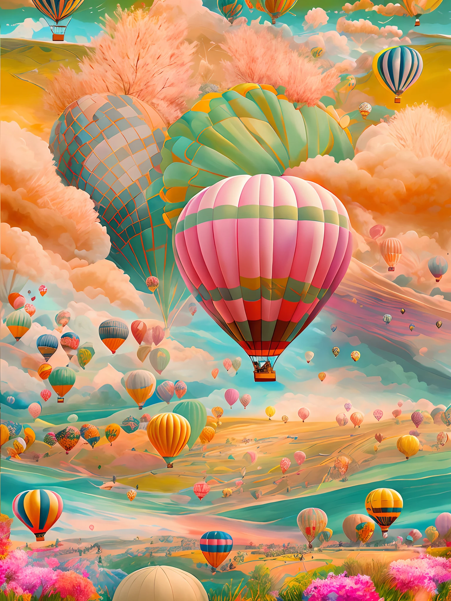 Painting of hot air balloons flying over rivers and forests, Beautiful art UHD 4 K, 4k highly detailed digital art, whimsical fantasy landscape art, Detailed painting 4 K, A beautiful artwork illustration, Epic surrealist 8K oil painting, Beautiful digital artwork, 4K detailed digital art, 4 k highly detailed art, jen bartel, hot air balloon