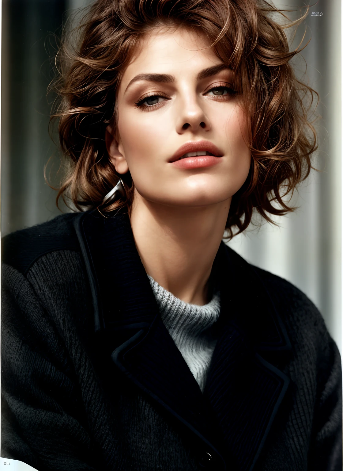 Frau mit einem braunen Pullover, der Pullover hat einen sehr tiefen Ausschnitt, the woman's breasts are visible, the woman has nice full breasts, Stil von Paolo Roversi, Portrait of Eva Mendes, HQ-Scan, 1 9 9 9 Foto aus dem Life Magazine, Intensives Schwelen, Anzeigenbild, Foto aus dem Vogue-Magazin, Gq