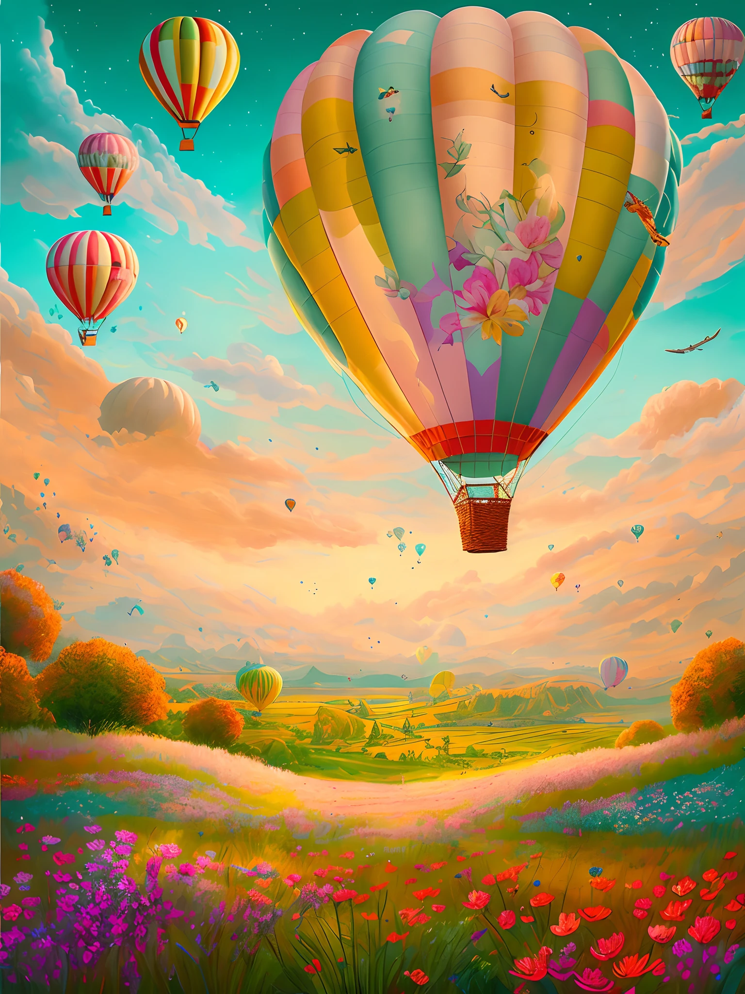 Painting of hot air balloons flying over rivers and forests, Beautiful art UHD 4 K, 4k highly detailed digital art, whimsical fantasy landscape art, Detailed painting 4 K, A beautiful artwork illustration, Epic surrealist 8K oil painting, Beautiful digital artwork, 4K detailed digital art, 4 k highly detailed art, jen bartel, hot air balloon